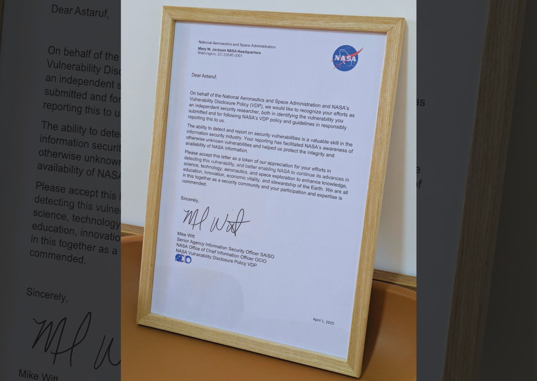 NASA Letter of Recognition