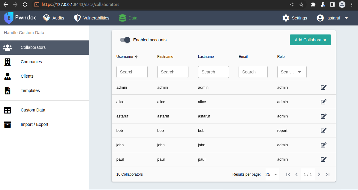 Elenco degli utenti validi registrati in PwnDoc per l&rsquo;attacco di enumerazione dei nomi utente