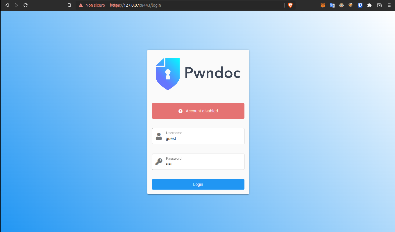 Messaggio di errore &ldquo;Account disabilitato&rdquo; durante il tentativo di login con un utente disabilitato in PwnDoc