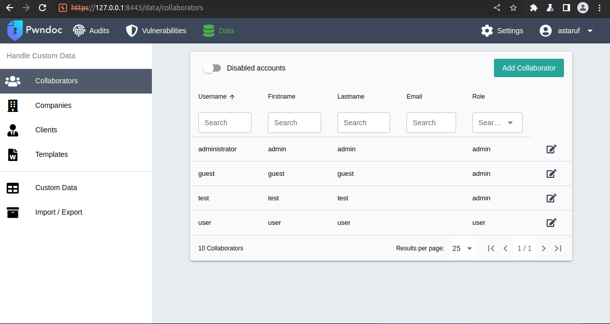 Elenco degli utenti disabilitati registrati in PwnDoc per l&rsquo;attacco di enumerazione dei nomi utente