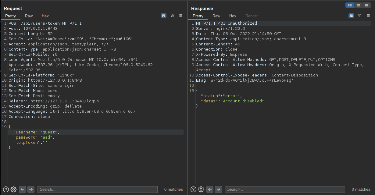Esempio di richiesta POST di login per tentativo di accesso con un utente disabilitato in PwnDoc
