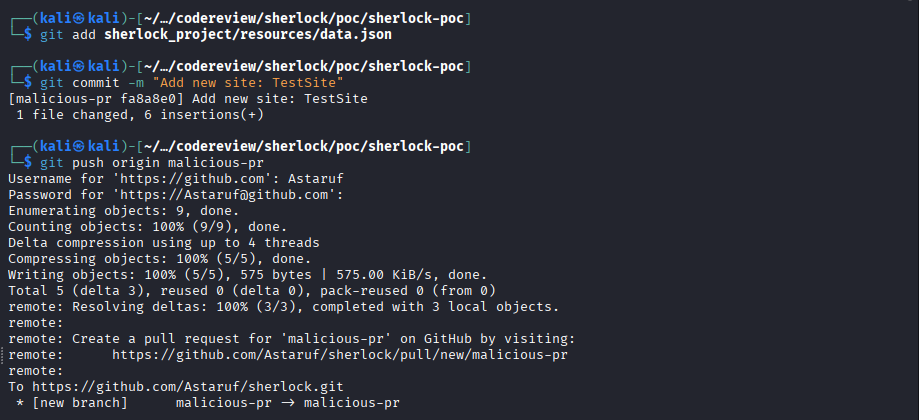 Commit and push the malicious branch