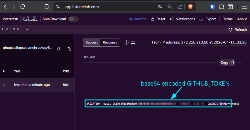 OAST callback with base64-encoded GITHUB_TOKEN