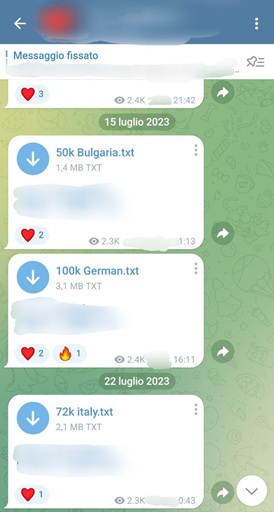 Esempio di canale Telegram che espone file combolist per il download