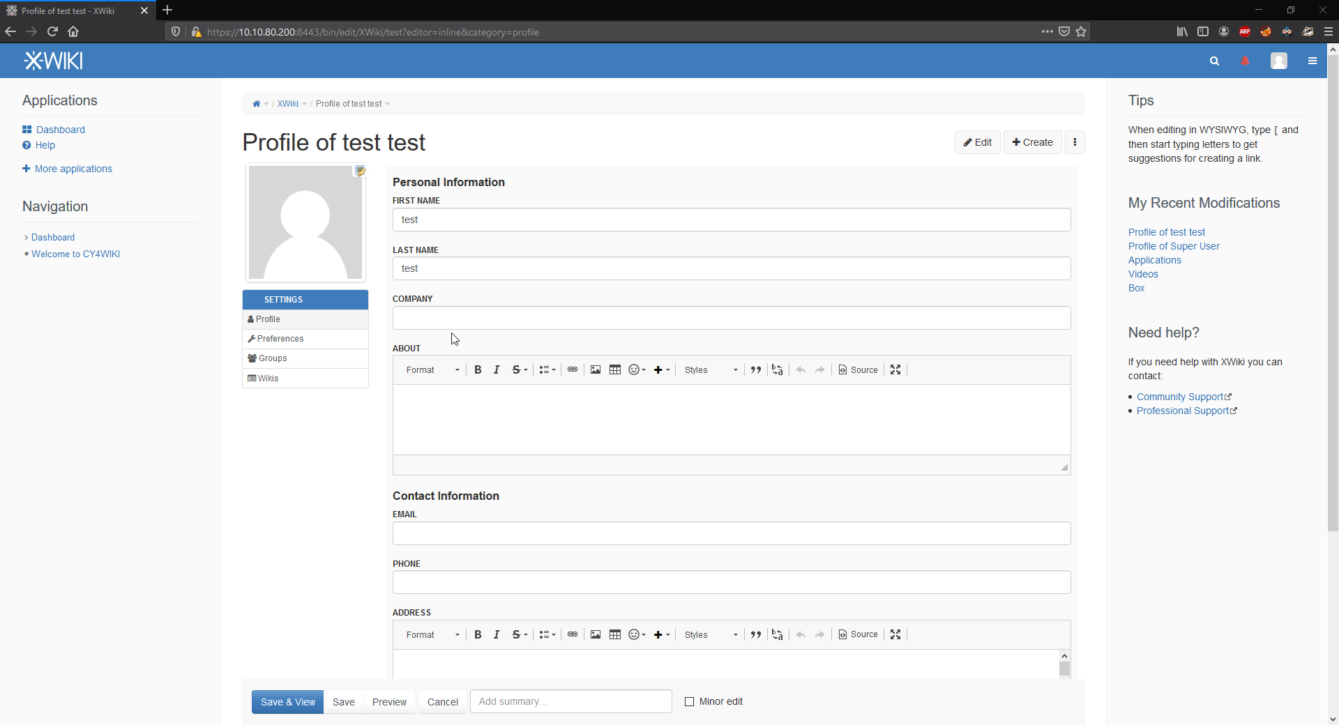 Esecuzione dell’attacco XSS su XWiki mostrando un popup con il payload di script iniettato nel campo Azienda del profilo utente